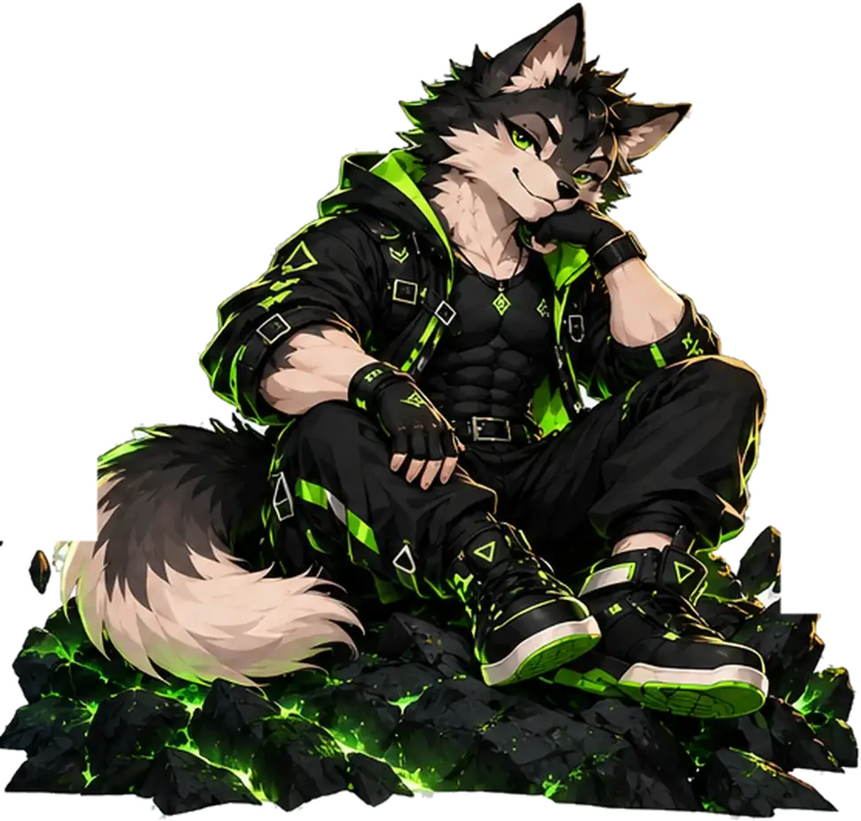 Mr. Wolf on neon-lit rocks