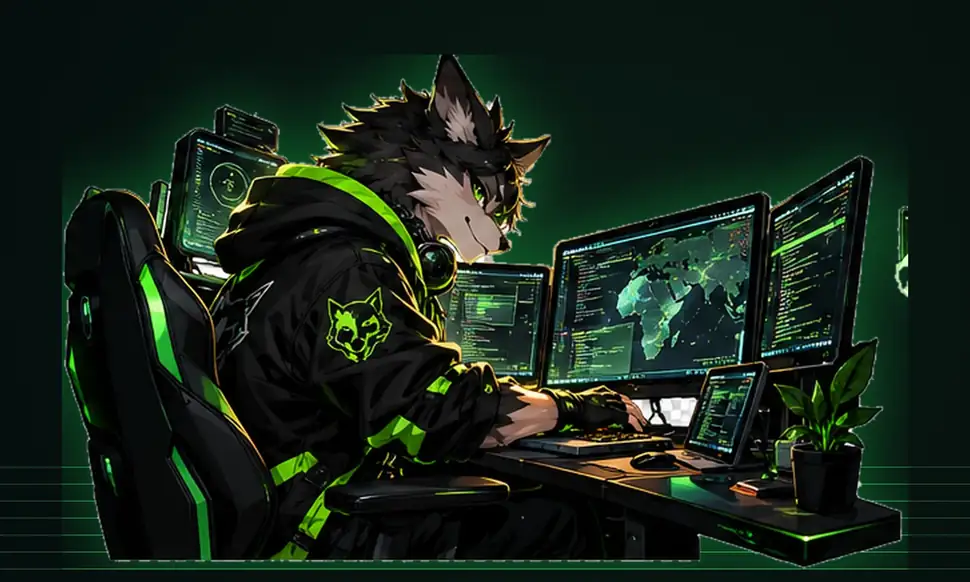 Mr. Wolf at a coding workstation