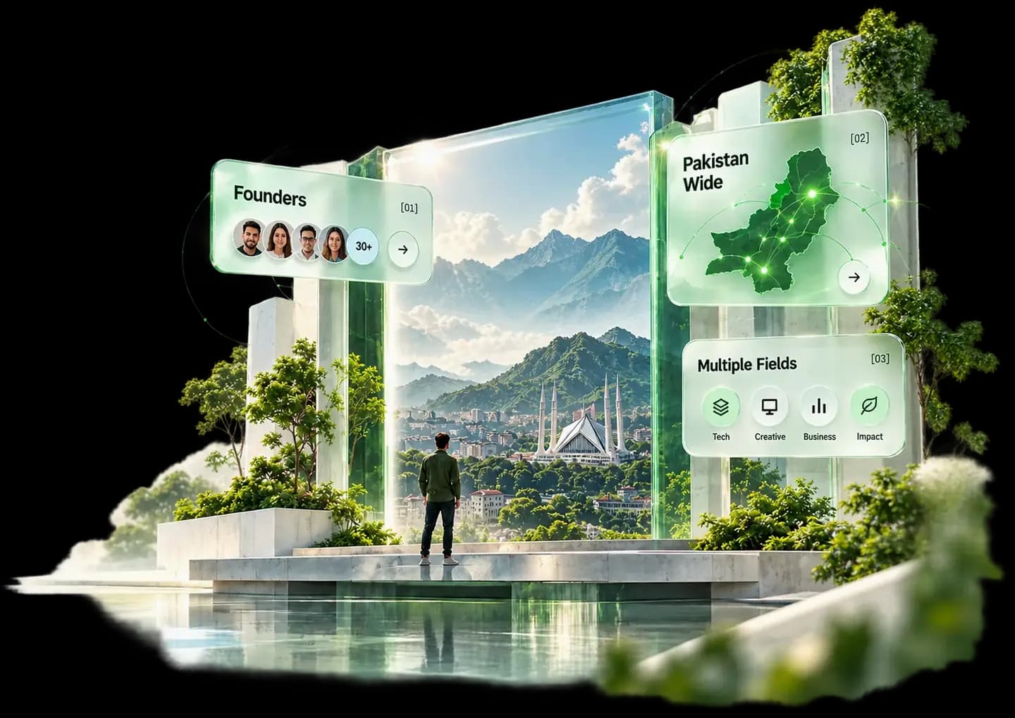 A luminous green-glass architectural portal overlooking a Pakistani mountain city, surrounded by floating cards about founders, Pakistan-wide reach and multiple fields.