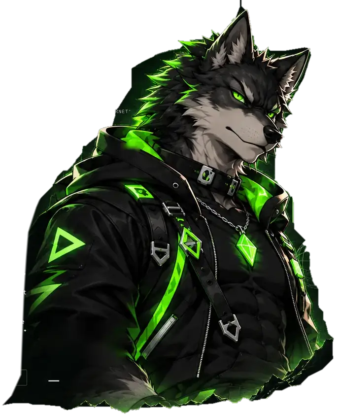 Mr. Wolf, a gray-and-black wolf in neon-green techwear, standing confidently