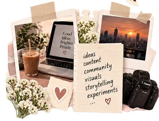 Creative experiments collage with laptop, camera and handwritten notes